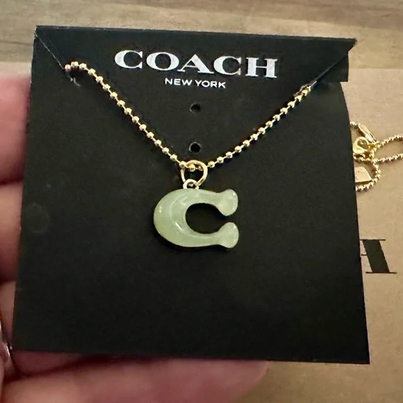 Coach Translucent Jade Green “C” Pendant 18k/.925 Necklace - Picture 3 of 9